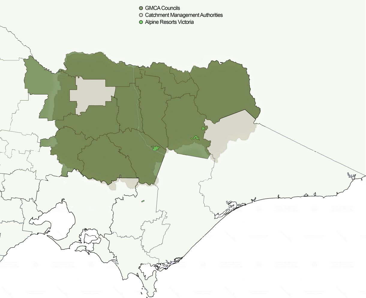 Map of the GMCA region showing member council boundaries, Catchment Management Authorities and Alpine Resorts Victoria